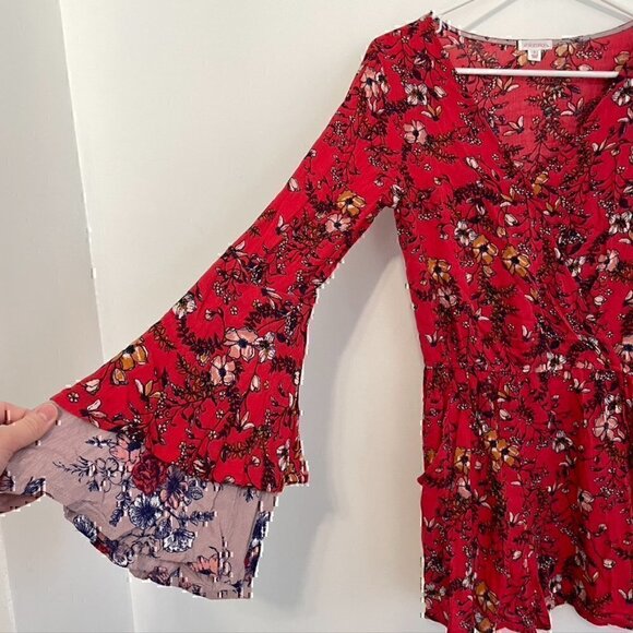 XHILARATION Coral Red Multi Floral Long Bell Flare Sleeve Wrap Surplice Romper S - Picture 7 of 12